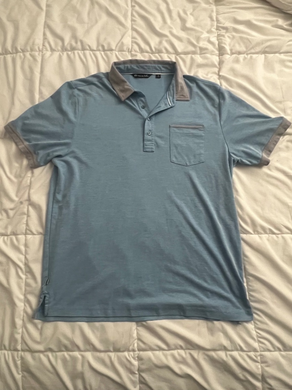 Travis Mathew Men's XL Blue/Gray Solid Polo Short Sleeve Pocket Pima Cotton